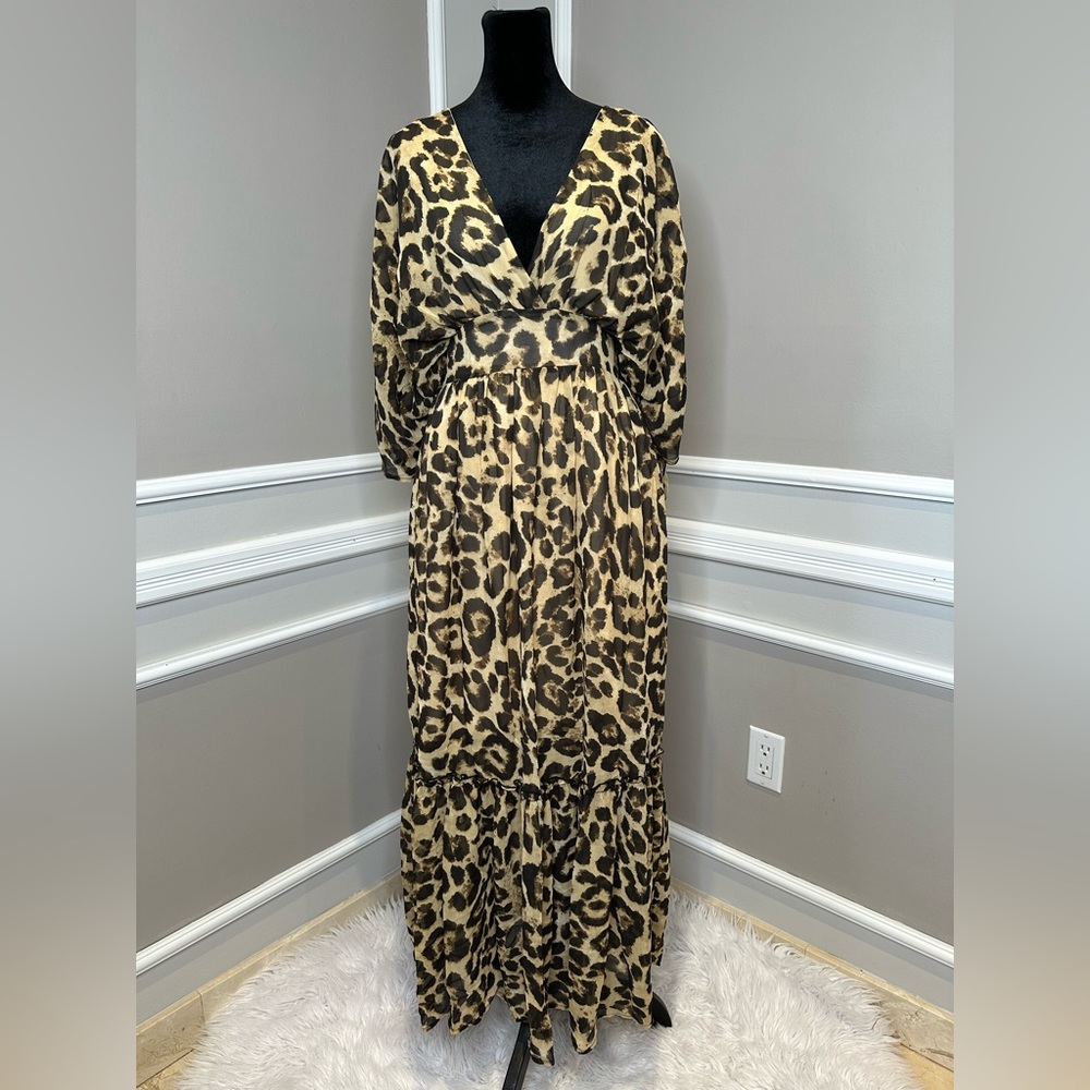 NWT Women's V Neck Leopard Print Boho Style Casual Maxi Dress